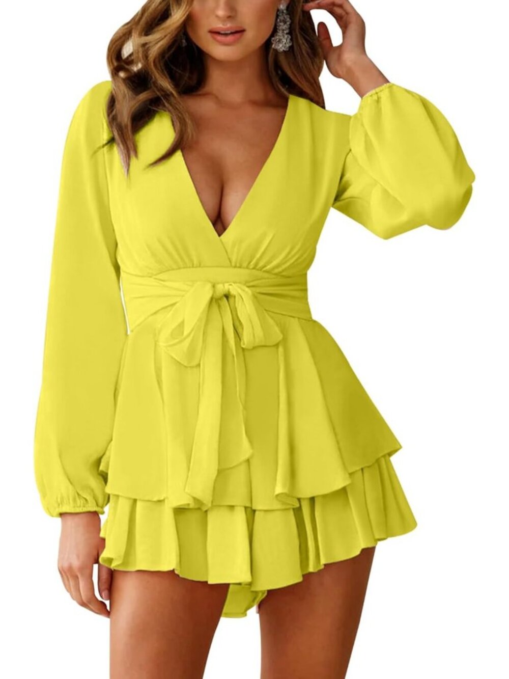 Floral Print V-Neck Long Sleeve Romper with Ruffle Hem | Beach Vacation Jumpsuit